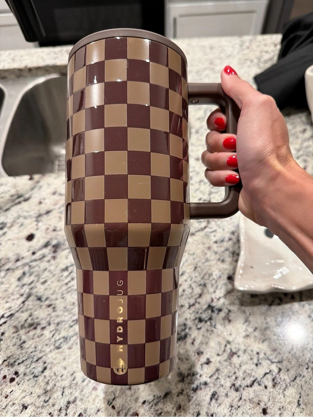 Hydrojug Checkered Tumbler in Brown & Beige Like New